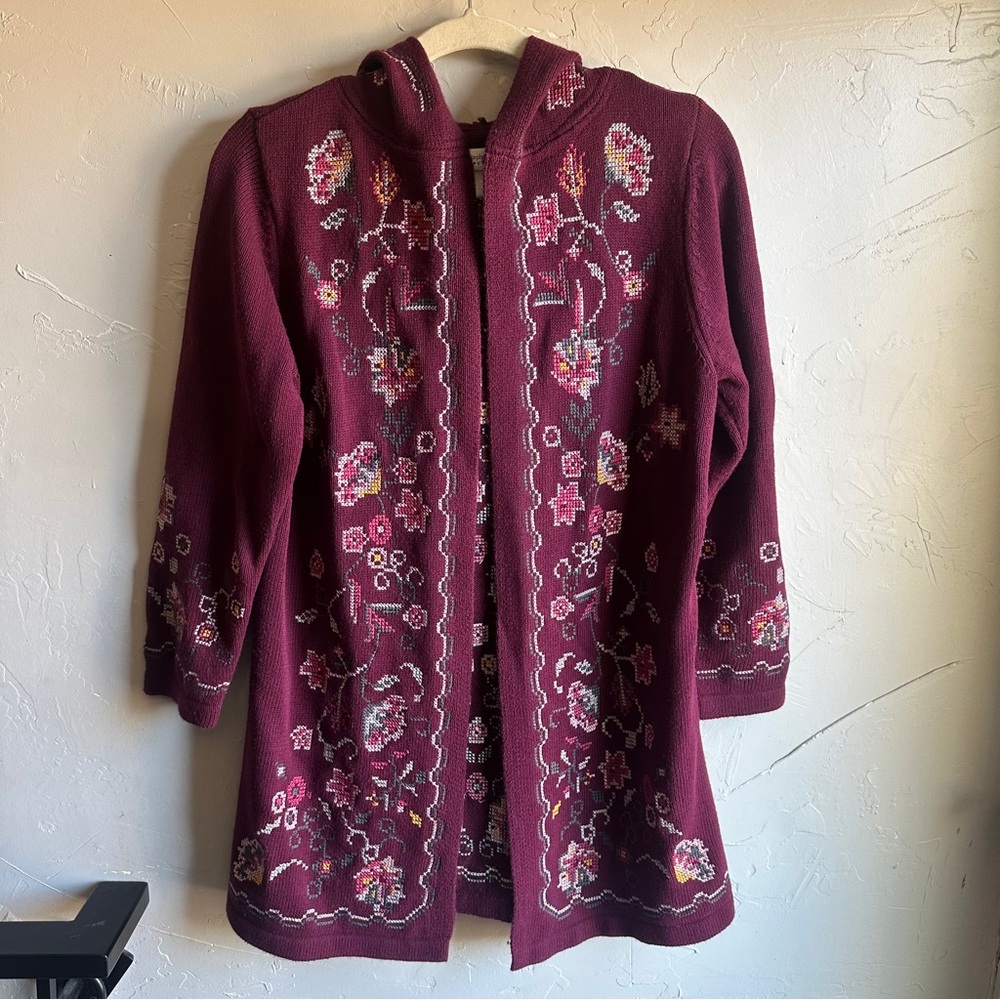 Burgundy Boho Floral Cardigan Cottagecore Folk Indie Vintage Knit Nordic Sz S